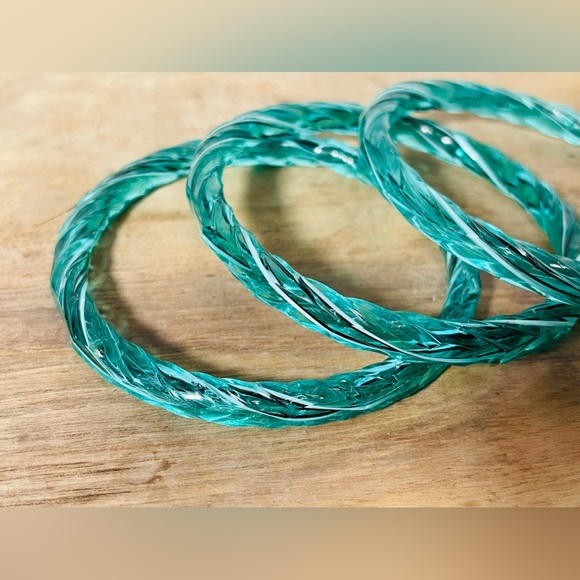 VTG Venetian Italy Murano Glass Teal/Black/Wht Twisted Rope Bangle Bracelet Rare - Picture 2 of 4
